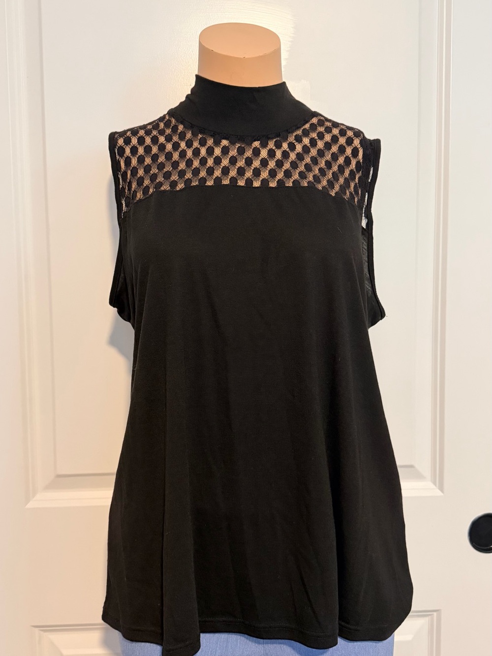 Sleeveless Black Mock Neck Top with Sheer Mesh Yoke